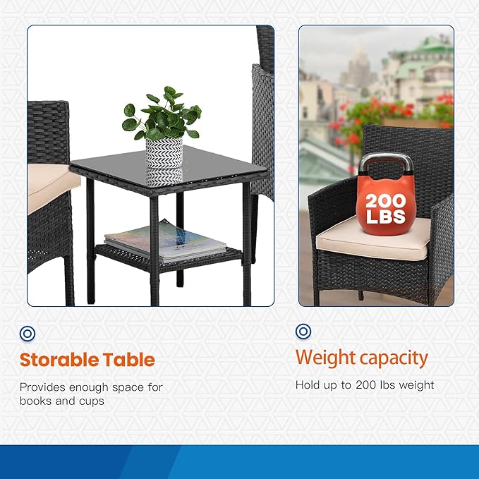 FDW | 3-Piece Patio Furniture Set | Black | Outdoor Wicker Furniture with Coffee Table | Modern Rattan Chairs Conversation Set | Outdoor Seating | Weather-Resistant | for Porch, Garden, Lawn