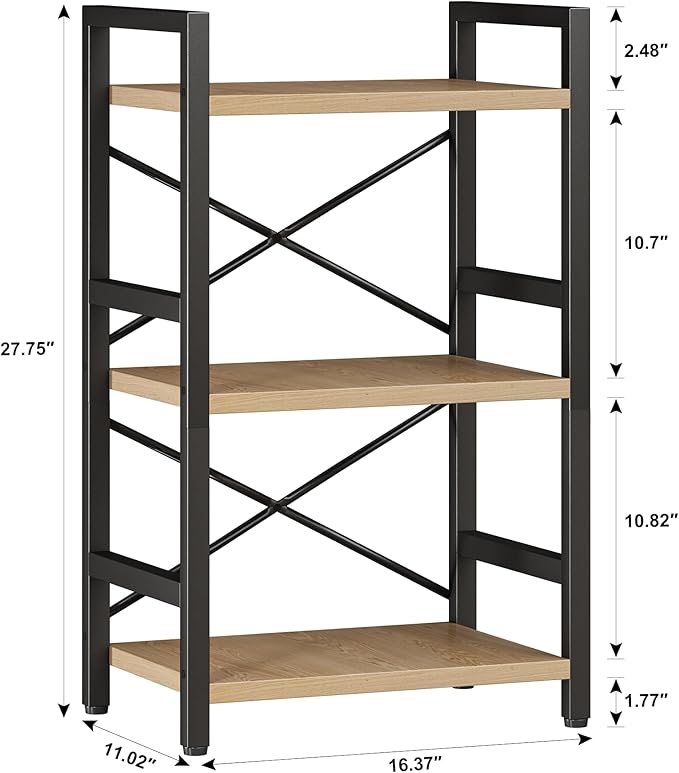 Homeiju Bookshelf, 3 Tier Industrial Bookcase, Metal Small Bookcase, Rustic Etagere Book Shelf Storage Organizer for Living Room, Bedroom, and Home Office(Light Coffee) Patent Pending D29873033