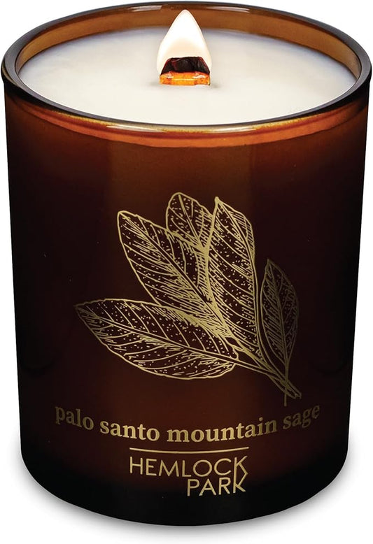 Hemlock Park Amber & Gold Wood Wick Candle Handcrafted with Natural Coconut Wax (Standard 7.2 oz, Palo Santo Mountain Sage)