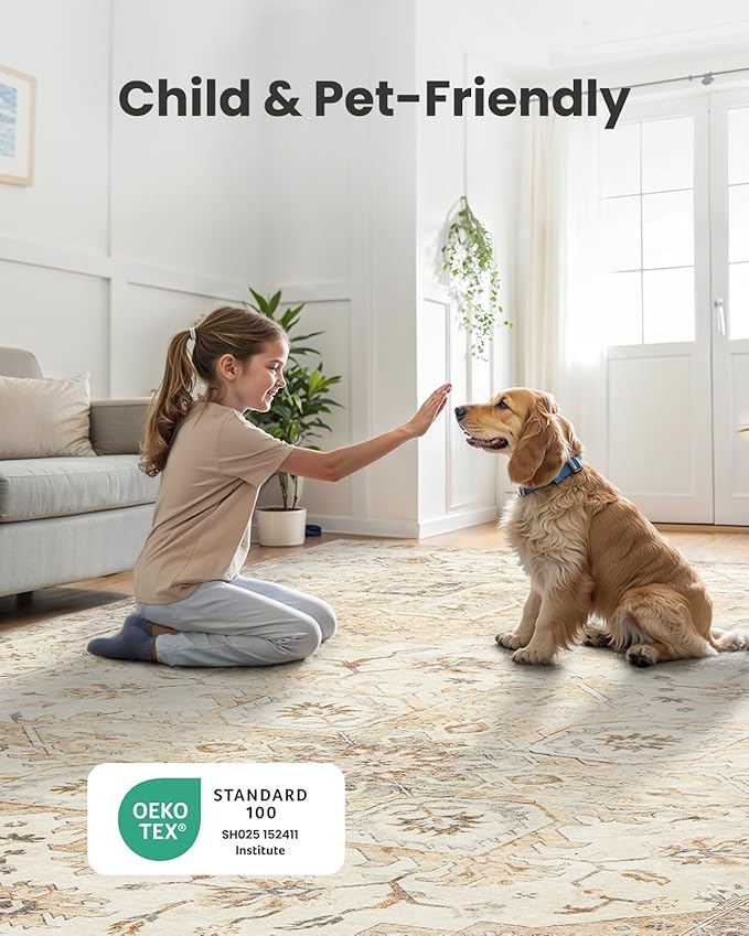 AMADA HOMEFURNISHING 2.7x10 Washable Runner Rug, Low-Profile Kitchen Rugs with Non-Slip Backing & Durable Edge Binding, Vintage Entryway Runner Rug for Bedroom & Hallway, Beige