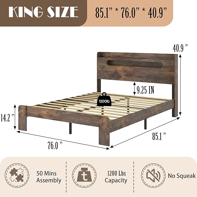 Wooden King Size Bed Frame with Storage Headboard, Farmhouse Platform Bedframe with Charging Station & Led Lights, Sturdy Wood Slat Framework, Easy Assembly (Rustic Brown Led)