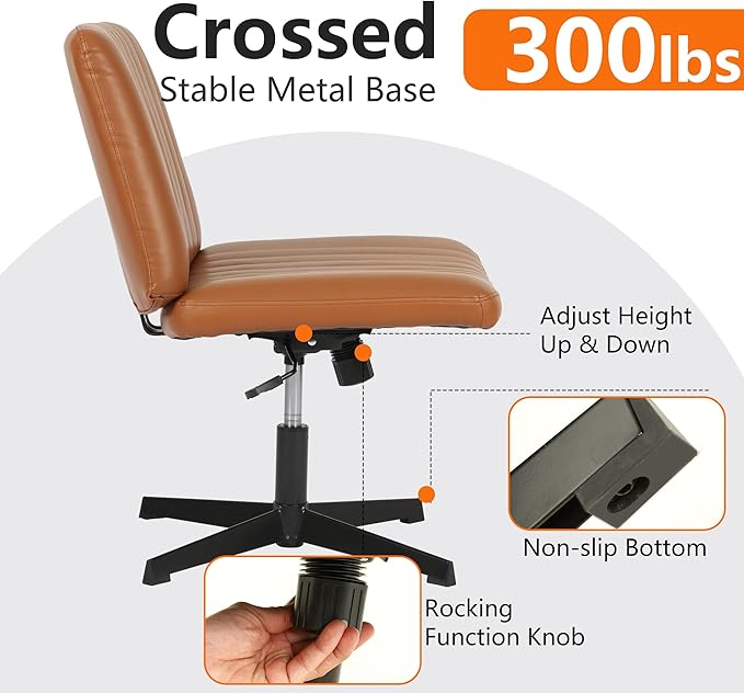 FDW Criss Cross Chair Armless Cross Legged Office Desk Chair Adjustable Swivel Ergonomic No Wheels Backrest with Wide Seat Native Sponge Computer Task Vanity for Home Office,Brown