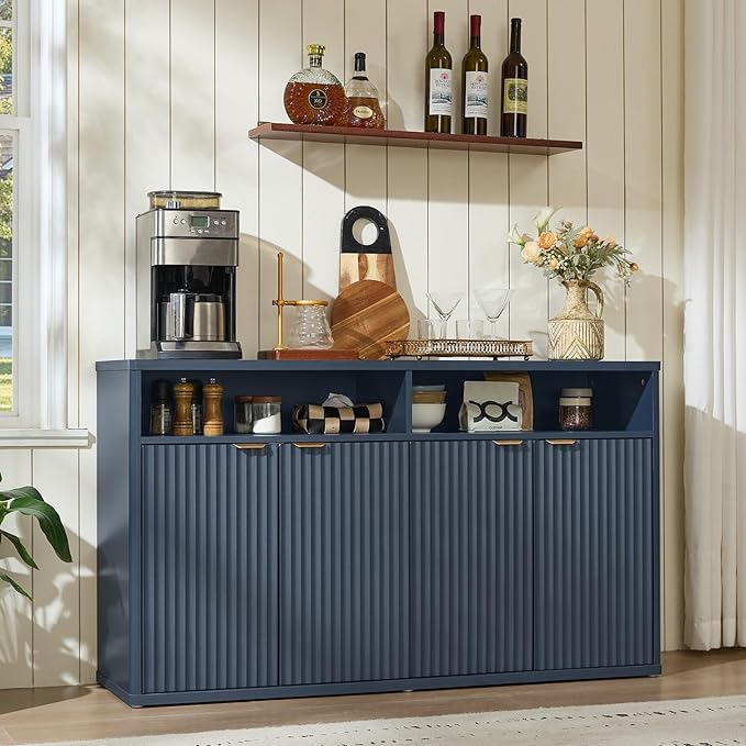 LEYAOYAO Fluted Buffet Cabinet with Storage, 55" Wide Wood Sideboard Credenza with 4 Doors & Open Storage Shelf, Modern Kitchen Console Accent Cabinets, Coffee Bar Table for Dining Room, Dark Blue