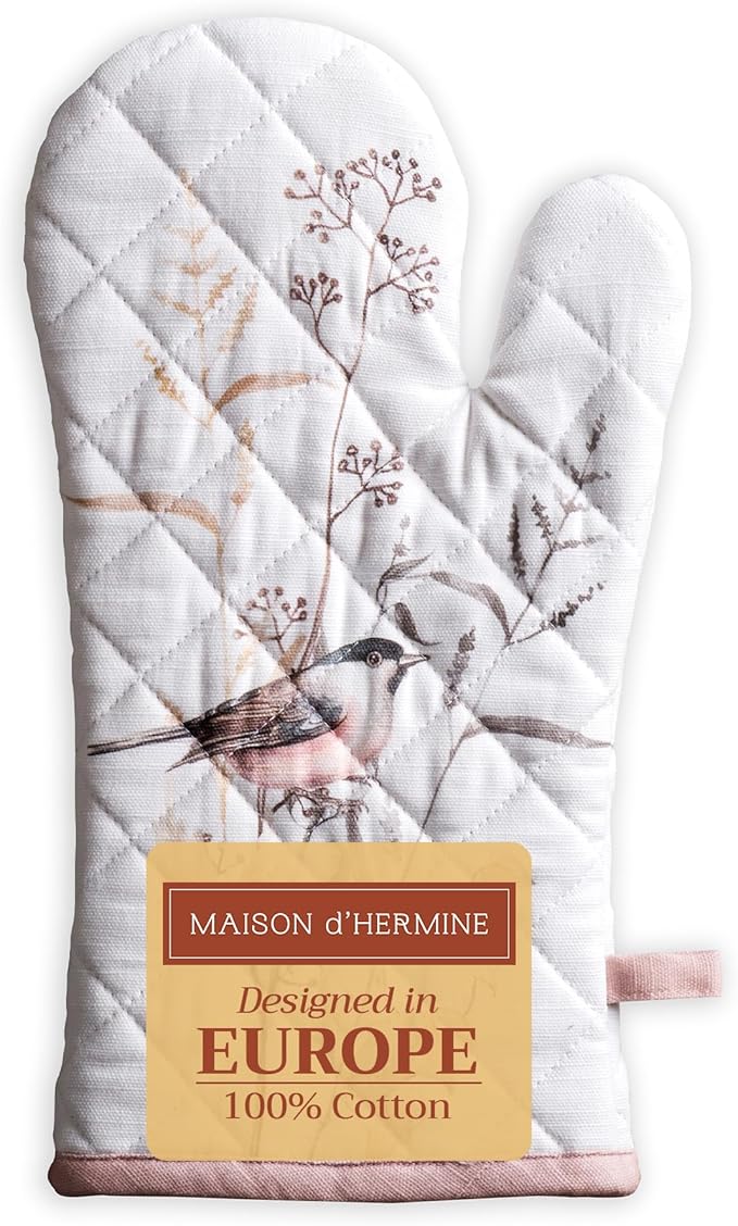 Maison d' Hermine Oven Gloves 100% Cotton Oven Mitt 7" x 13" with Loop Heat Resistant, BBQ, Cooking Gloves, Grilling, Kitchen, Handling Hot Pans Spring/Summer (Pack of 1, Meadow Florals - Brown)