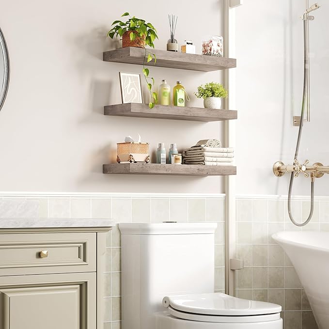 Floating Shelves for Wall, 1.5" Thick Wall Shelf Set of 3 with Invisible Brackets, 23.6L x 7.9W Hanging Book Shelves Farmhouse Home Decor for Bathroom, Living Room, Bedroom, Greige 6301BJP3BG