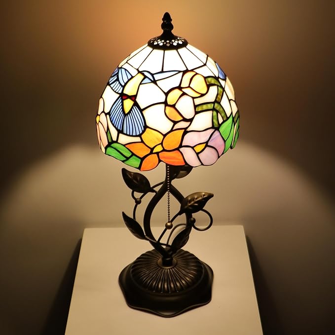 Small Tiffany Lamp Hummingbird Style Stained Glass Table Lamps Desk Bedside Reading Light 8X8X18 Inches with Bronze Metal Leaf Resin Base