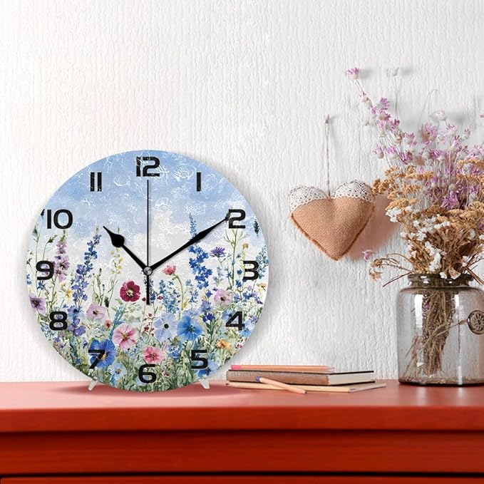 Bolaz Wall Clocks Decorative Bedroom Silent Living Room Desktop Flowers Blue Watercolor Tabletop Shelf Clocks Round Battery Operated 10 Inch Non-Ticking