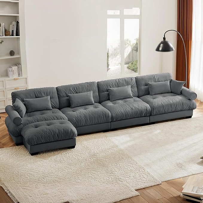 166" Grey Modular Sectional Sofa, 4 Seater Large Sectional Couches for Living Room, Velvet Fabric Oversized Fluffy Cloud Couch with Ottoman, Deep Seat Home Sofas Set, Sofá Moderno, L Shaped