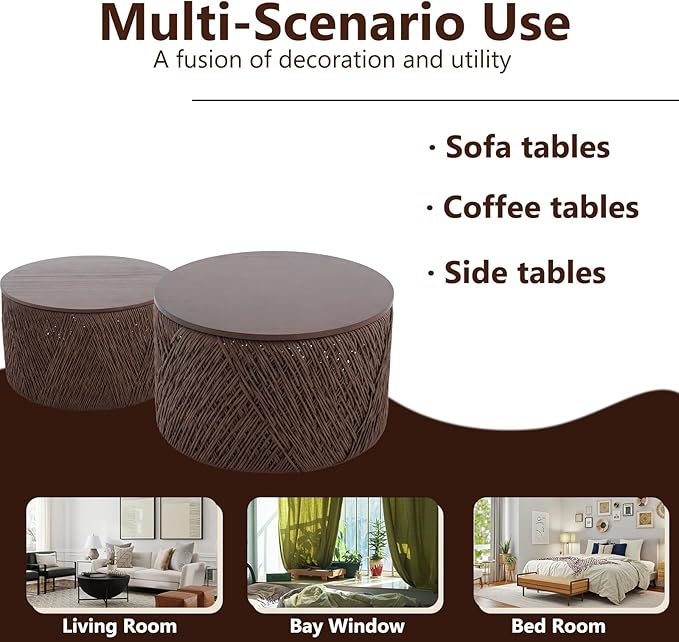 Kmax 30" Round Wood Nesting Coffee Table Set of 2 Handcraft Woven Rope Sofa Tables Both with Storage Drum End Table Side Table for Small Space Living Room No Assembly Needed, Dark Brown