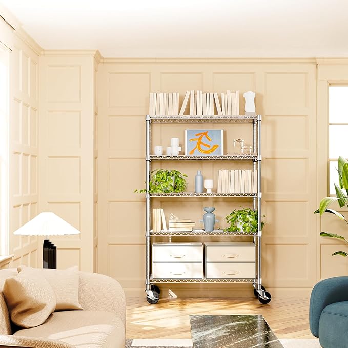 IZEUK 5-Tier Storage Shelving Unit with Wheels, Adjustable Heavy Duty Steel Wire Rack Organizer (Chrome, 17.7" D x 47.2" W x 76.7" H, 1750 lbs Capacity) for Garage, Kitchen, Pantry, Laundry