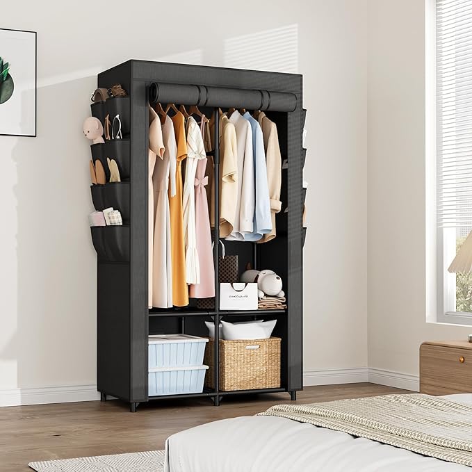 Portable Closet for Hanging Clothes, Portable Wardrobe Closet with Cover, 4 Storage Shelves, 2 Hanging Rods and 8 Side Pockets, Easy Assembly and Sturdy Free Standing Closet for Bedroom, Black