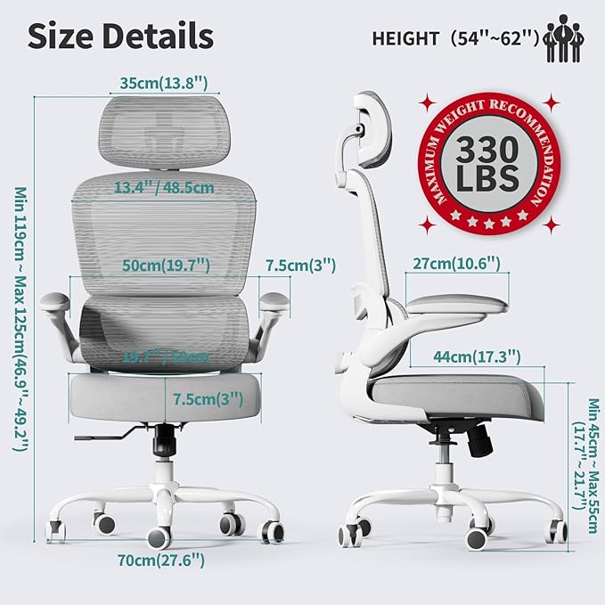 TRALT Office Chair Ergonomic Desk Chair, 330 LBS Home Mesh Office Desk Chairs with Wheels, Comfortable Gaming Chair, High Back Office Chair for Long Hours (Grey)