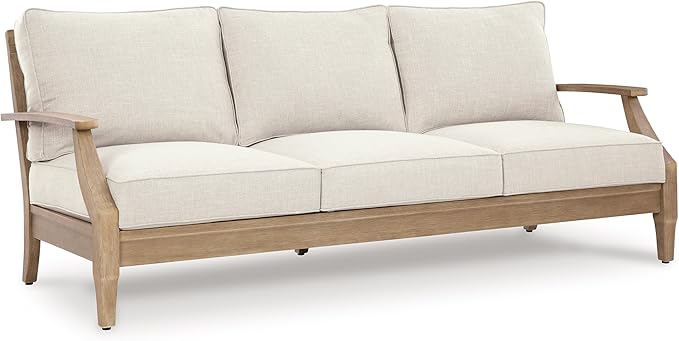 Signature Design by Ashley Carter Hall Outdoor Eucalyptus Wood Patio Sofa – Cushioned with UV-Resistant Nuvella Fabric, 5-Step Protective Finish, Beige
