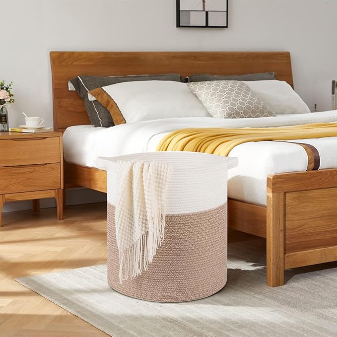 OIAHOMY 80L Laundry Hamper, Storage Basket with Handles, Laundry Basket For Toys, Pillows, Blankets,Clothes-20x18in-Brown&White