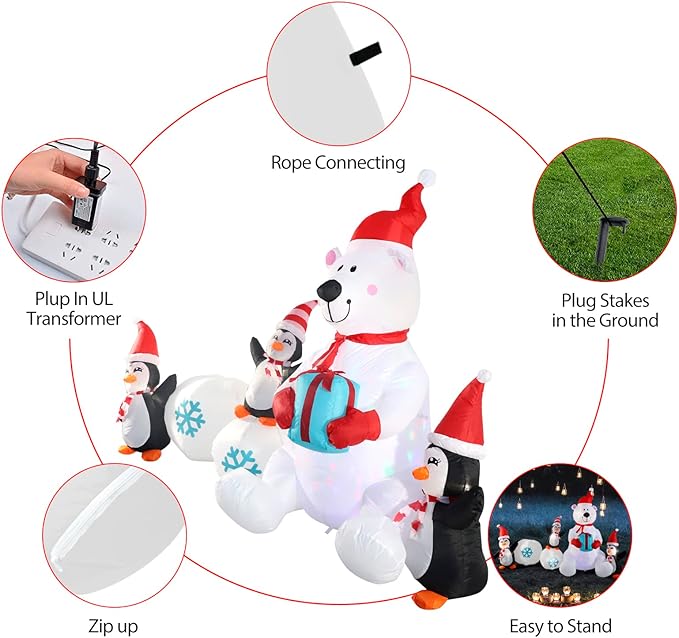 Inflatable Christmas Decorations, SHDEJTG 10FT Snowman Polar Bear Snowball Blow Up Christmas Decorations Outdoor with Colorful Rotating LED Lights, Giant Inflation for Xmas Indoor Lawn Garden