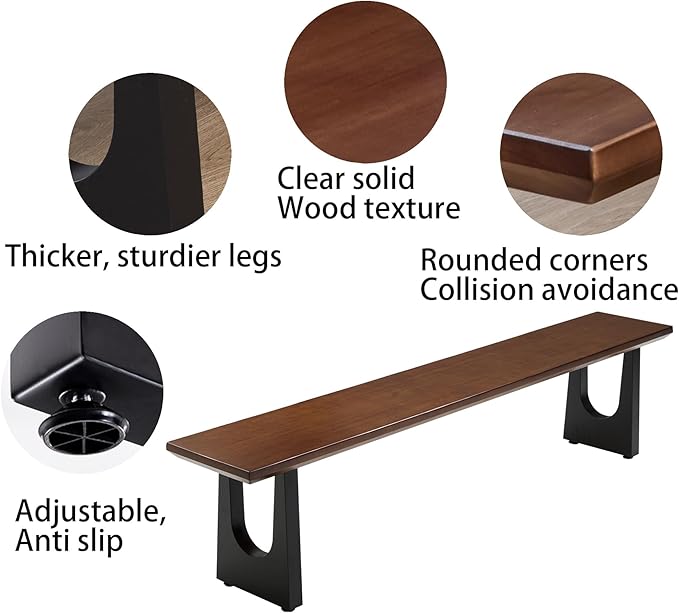 Walnut Color Long Bench Solid Wood Top Metal Legs U-Shaped Design Durable Sturdy Dining Bench Ideal for Office Home Restaurant Patio Multiple (Bench, 55.12in)