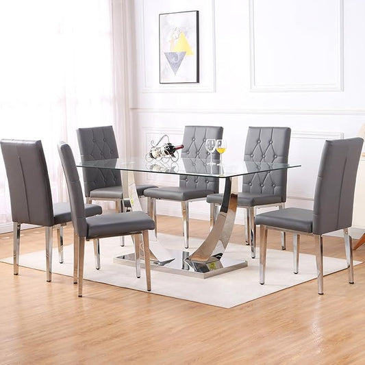 Modern Dining Table for 6, Glass & PU Leather 6-Chair Set, Silver U-Shaped Legs