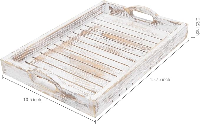 MyGift Shabby Chic Whitewashed Wood Breakfast Serving Tray with Cutout Handles with Slatted Design, Breakfast Ottoman Coffee Table Tray, 16 x 11 Inches
