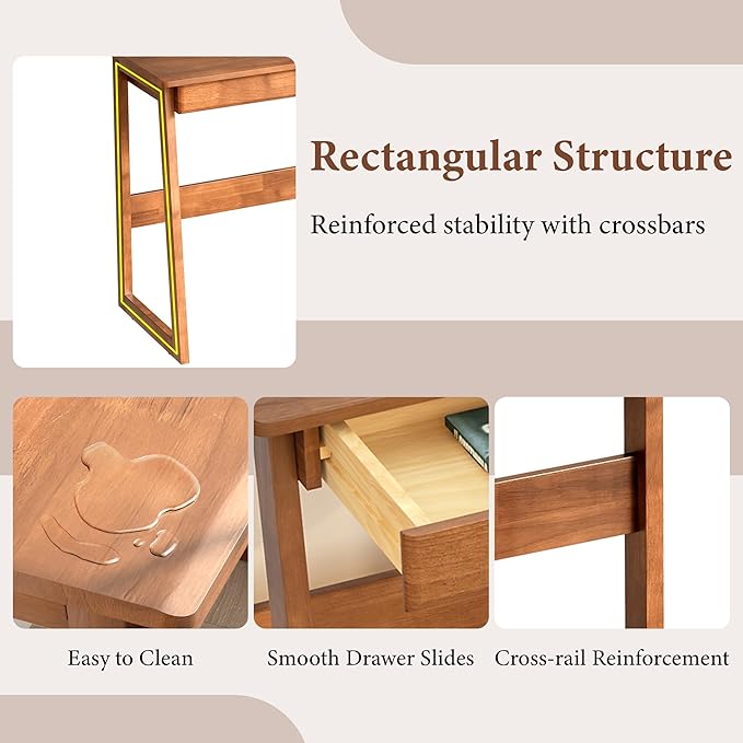 Solid Wood Desk with Drawers - 39 x 18 Inch Mid Century Modern Desk, Vintage Desks with Drawers, Small Writing Desks for Small Spaces|Bedroom, Living Room & Office - Walnut Color