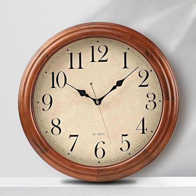 16-Inch Wood Wall Clock with Large Numbers, Retro Round Brown Clock Wall, Silent Non-Ticking for Living Room, Kitchen Wall Clocks