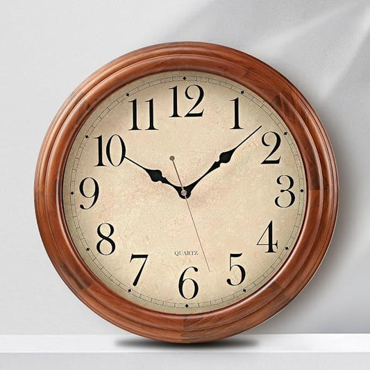 16-Inch Wood Wall Clock with Large Numbers, Retro Round Brown Clock Wall, Silent Non-Ticking for Living Room, Kitchen Wall Clocks