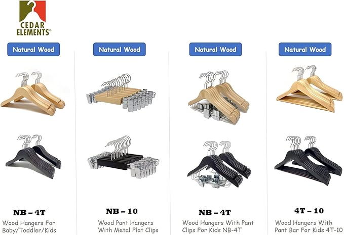 Kids Hangers with Metal Clips Pant Bar 4T-10 (Natural Wood)