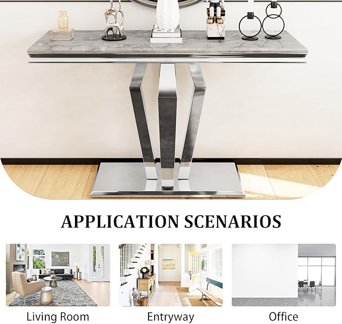 Asday Silver Console Table, Mirrored Sofa Table with Geometric Steel Base, Modern Silver Narrow Rectangular Console Table for Entryway, Living Room, Office, Coffee Bar, Front Hall