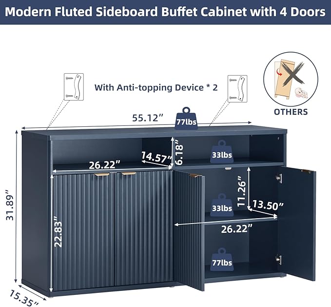 LEYAOYAO Fluted Buffet Cabinet with Storage, 55" Wide Wood Sideboard Credenza with 4 Doors & Open Storage Shelf, Modern Kitchen Console Accent Cabinets, Coffee Bar Table for Dining Room, Dark Blue