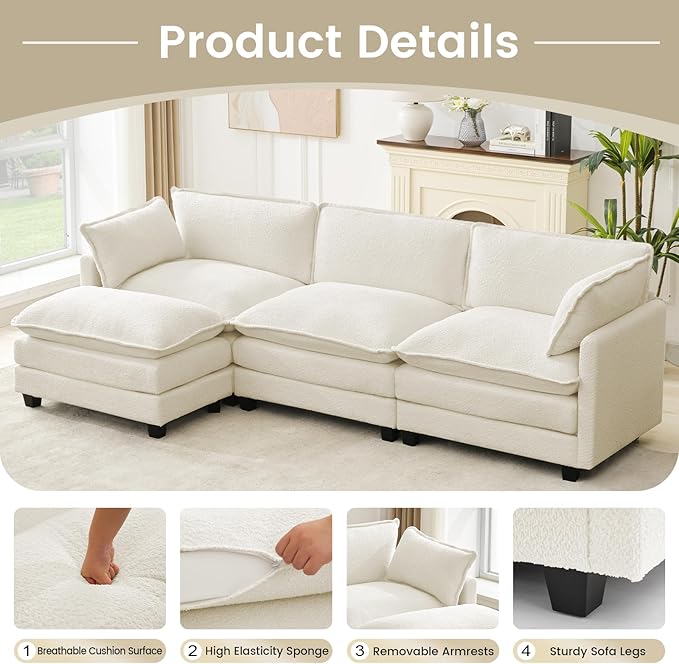 ROWHY Oversized Modular Sectional Couch with Movable Ottoman, 112" Modern Convertible L Shaped Sofa Set, 4 Seat Comfy Cloud Couch with 2 Throw Pillows, for Living Room and Office, Chenille, Beige