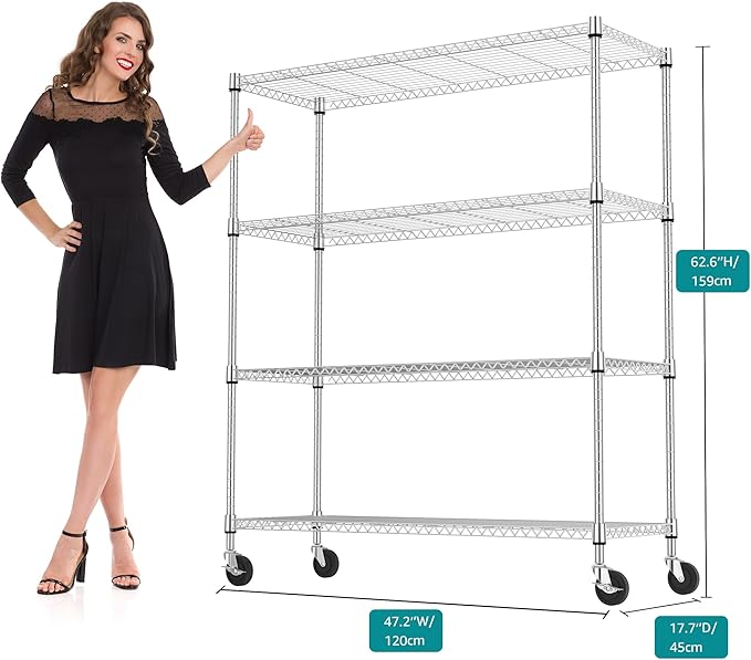 4 Tiers Shelf 1400 lbs Steel Storage Shelving Utility Shelving Unit Steel Organizer Wire Rack for Home,Kitchen,Office,Garage Chrome 17.7" D x 47.2" W x 62.6" H