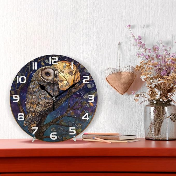 Bolaz Wall Clocks Decorative Bedroom Silent Living Room Desktop Owl Moon Stained Glass Tabletop Shelf Clocks Round Battery Operated 10 Inch Non-Ticking