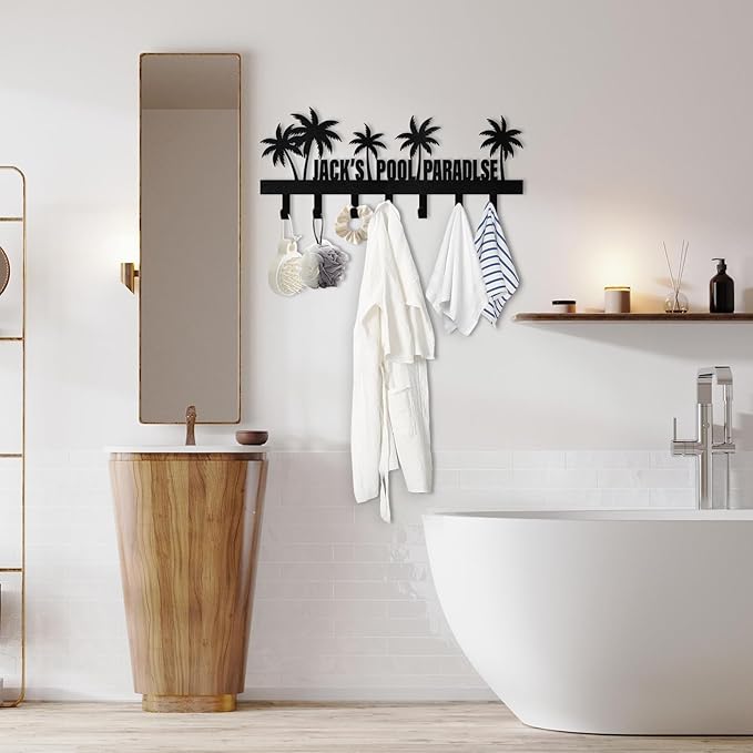 Personalized Key Holder for Wall, Beach Theme Key Holder Wall Mount with Hooks, Coconut Trees Key Hanger Wall Decor for Pool Bathroom Hallway Entryway Office, Customized Home Decor Gifts Color08