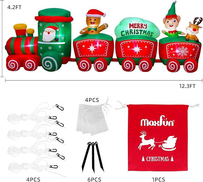 12FT Christmas Inflatables Train Decoration with Santa, Gingerbread Man, Reindeer, Lighted Blow Up Xmas Yard Decor with LED Lights, Holiday Outdoor Lawn Decorations for Garden, Party, Home