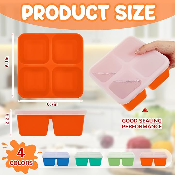 Roshtia 4 Pack Silicone Food Containers with Lids, Reusable Packs Bento Lunch Box for Meal Prep Food Storage, Microwave Dishwasher Safe (4 Compartment,Light)