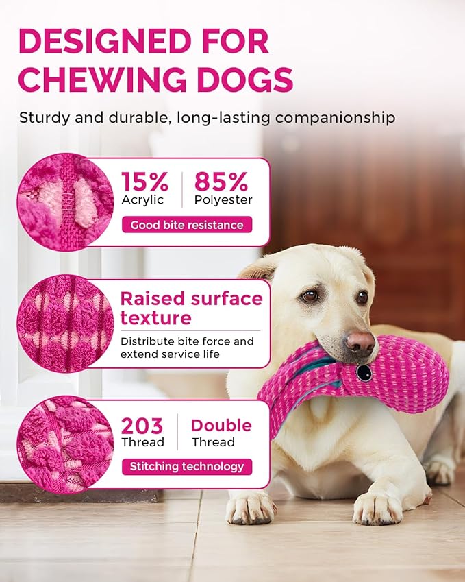 Squeaky Dog Toys for Large Dogs - Durable Dog Toys for Aggressive Chewers to Keep Them Busy - Interactive Plush Chew Toy with Squeaker & Crinkle Paper for Training Reward & Gift - Pink