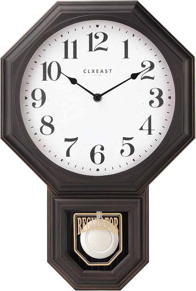 CLXEAST Pendulum Wall Clocks for Living Room Decor, Large Schoolhouse Regulator Clock with Pendulum,Oil Rubbed Bronze Black Plastic,House Warming Gifts New Home,12" W x 17" H