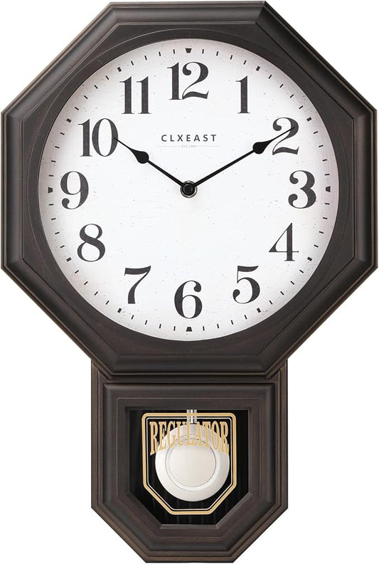 CLXEAST Pendulum Wall Clocks for Living Room Decor, Large Schoolhouse Regulator Clock with Pendulum,Oil Rubbed Bronze Black Plastic,House Warming Gifts New Home,12" W x 17" H