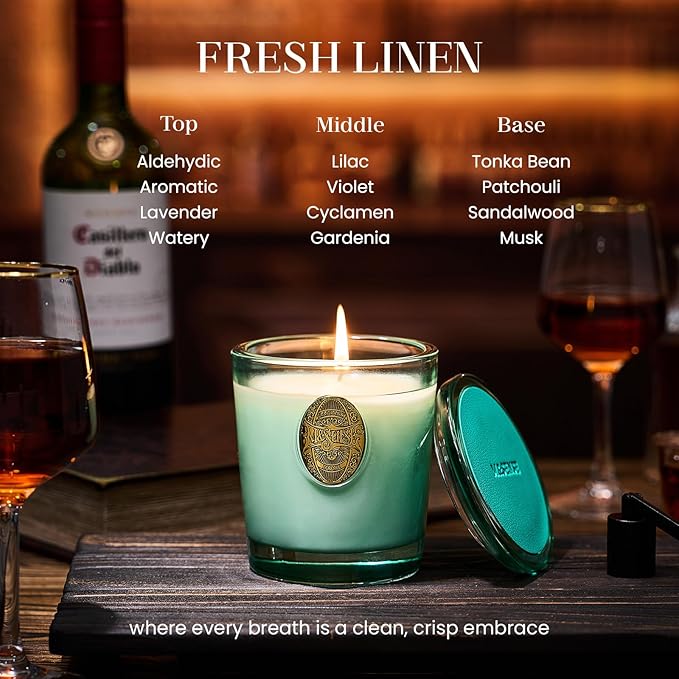 M&SENSE Natural Clean Scented Soy Candle | Fresh Linen & Neon Blue | 9.2 oz, 50H Burn Time | Luxury Scented Candle for Relaxation, Gifting, Home Décor | Ideal for Bedroom, Office, Party Ambiance