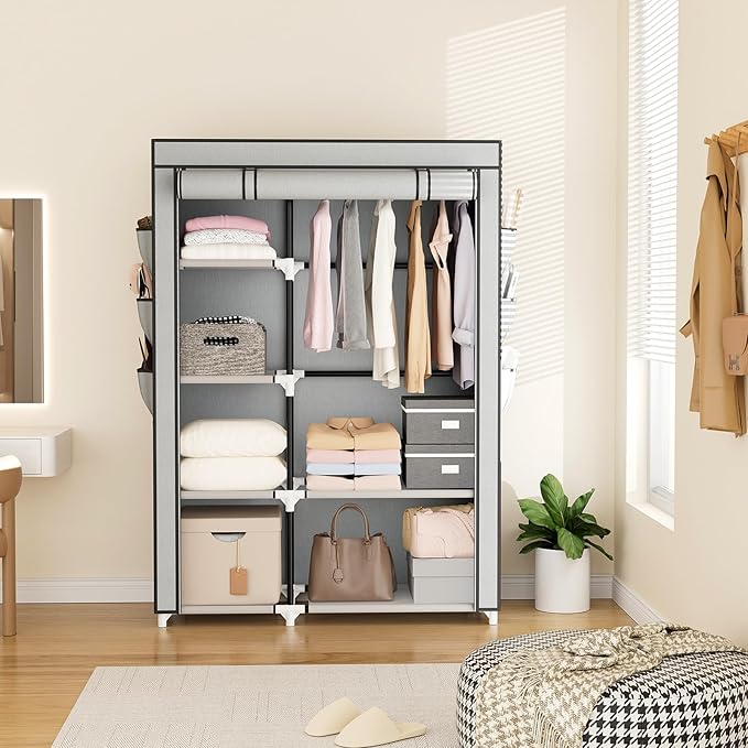 VTRIN Wardrobe Closet, 41.7 Inch Wide Portable Closets for Hanging Clothes with 1 Hanging Rod, 6 Shelves, 6 Pockets, Clothes Rack with Cover Portable Wardrobe Closet for Bedroom, Dorm, Grey