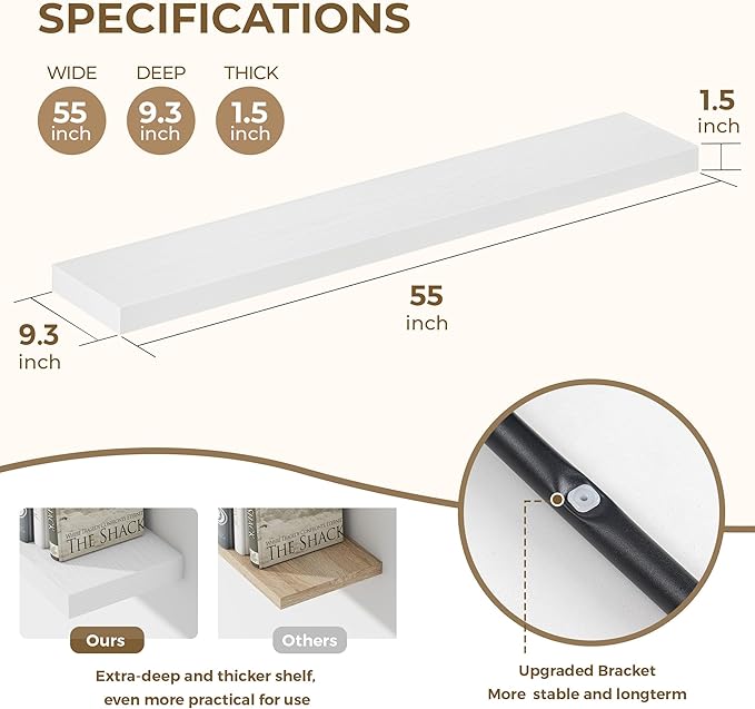 Dreamland 55 Inches Floating Shelves for Wall, 9.3" Deep Long Floating Shelves Set of 1, Large Display & Storage Shelf, Wall Shelf for Bathroom Bedroom Living Room Kitchen Office, White