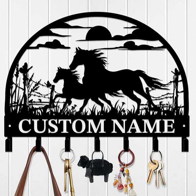 Custom Horse Key Hook - Personalized Forged Iron Wall Keys Holder with Equestrian Design, Black Metal Home Decor for Horse Theme Lovers (Style B)