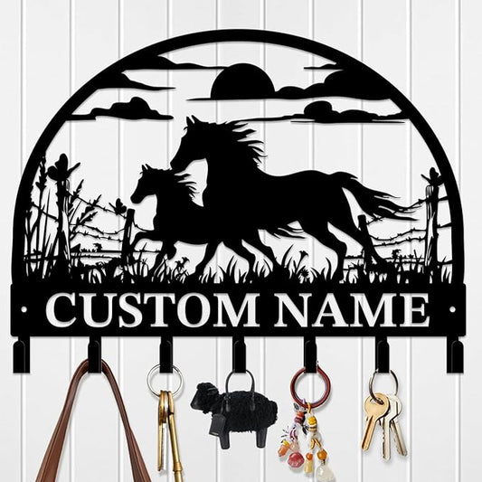Custom Horse Key Hook - Personalized Forged Iron Wall Keys Holder with Equestrian Design, Black Metal Home Decor for Horse Theme Lovers (Style B)