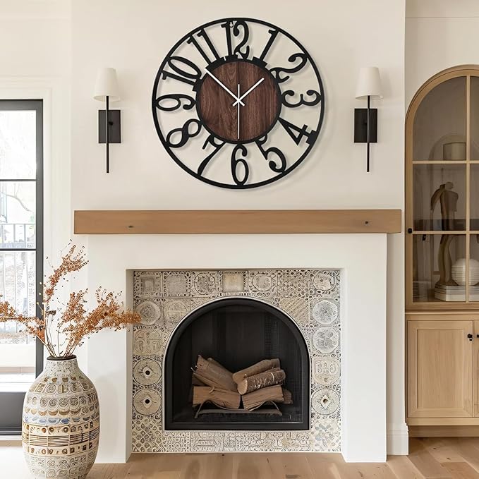 Maxstar Large Round Wall Clock for Living Room Decor Battery Operated Non Ticking Black Metal Wood Clocks for Home Living Room Garden Farmhouse Office Kitchen Decoration -24 inch