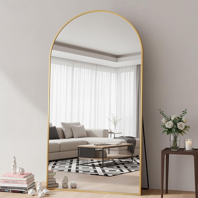 Full Length Mirror, 82"x44" Arched Floor Mirror Freestanding, Floor Standing Full Body Mirror with Stand for Bedroom, Hanging Mounted for Living Room Cloakroom, Gold
