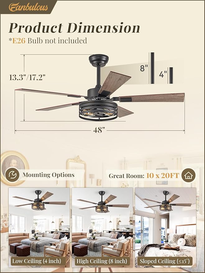 Fanbulous Farmhouse Caged Ceiling Fans with Lights and Remote, 48 Inch Black Bedroom Ceiling Fans for Living Room Kitchen，6 Speed Reversible Quiet DC Motor, Dual Finish 5 Blades