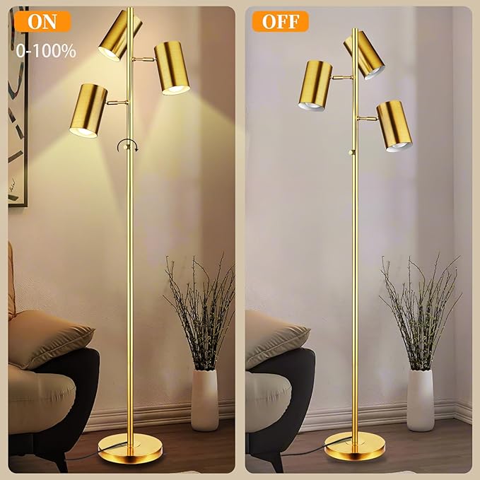 Tree Floor Lamp for Living Room,Stepless Dimmable Gold Standing Tall Pole Lamp with 3 Bulbs,Modern Reading Floor Lamp for Living Room Bedroom Office,9W E26 LED Bulbs Includeds (Gold-Dimmable)