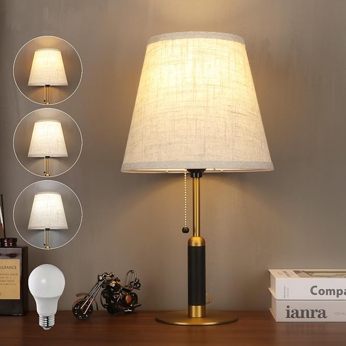18.9" Modern Table Lamp Bedside Lamps for Nightstand Lamp for Bedroom Living Room End Tables 3-Color Night Light Pull Chain Switch Wood Fabric for Home Office Dorm Decor (Light Brown+Brass)