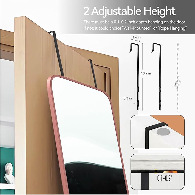 57x20 Door Hanging Full Length Mirror, Floor Stand (Height 5.7ft just Body in1.3ft) Wall Mounted Metal Frame Rectangle Dressing Mirrors for Bedroom Room 57 inch Pink Rose Gold