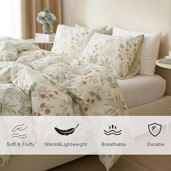 EAVD Fresh Vintage Floral Comforter Set Twin XL White Soft Microfiber Garden Leaves Floral Bedding Comforter Set with 2 Pillowcases Reversible Cottagecore Botanical Comforter Set for Girls Women
