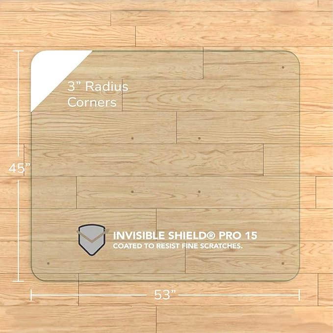 Vitrazza Glass Chair Mat 45” x 53” Superior ¼ Thick, Chiaro Standard Clear, Certified Tempered Safety Glass, Delivers a Smooth Glide, Protects Carpet or Wood, Beautiful in Home or Office.